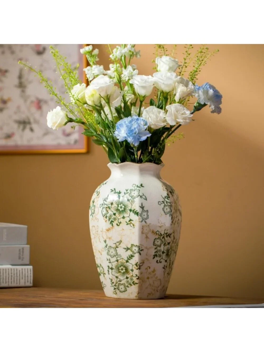 Vintage Green & White Ceramic Vase - 9.1